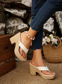 Women's Woven Decor Solid Color Design High Heel Sandals, New Summer Ladies' Thick Heel Flip Flops Fashion Simple Holiday Lightweight Comfortable High Heel Sandals