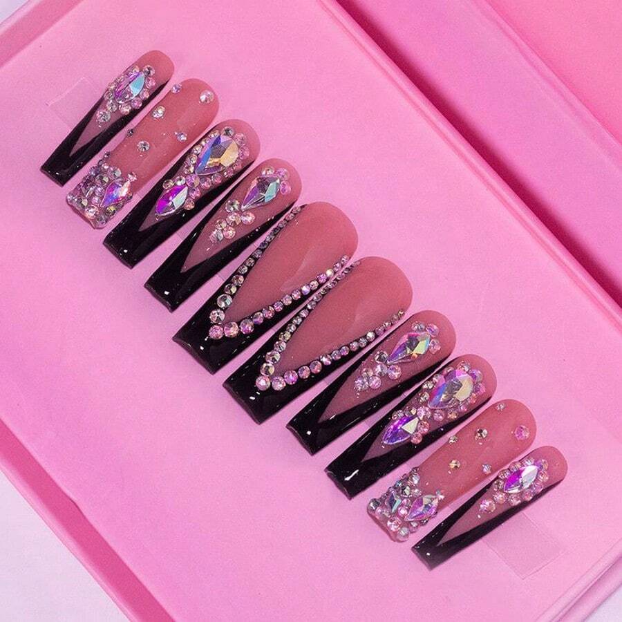 10PS Reusable Handcrafted Wearable Armor Long Coffin French Fake Nails Full Drill Glitter Art Acrylic False Nails Tips Ballerina Black Press On Nails For Women And Girls - màu đen - Xem 1