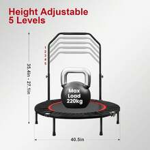 40 Inch Foldable Fitness Trampoline Max Load 400lbs Foldable Exercise Rebounder With 5 Level Adjustable Handrail Indoor Outdoor Fitness Body Exercise - Black&Red - View 2