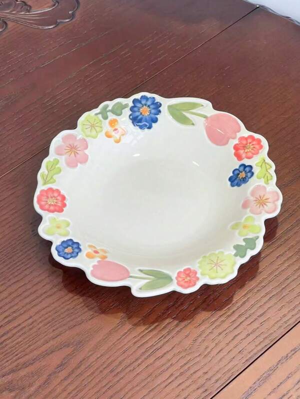 1 Stück Blumen-Serie Frischer Stil Kurkuma Compound Suppenteller, hochwertige Unterglasur Keramik Obstplatte, Multifunktions-Tablett, sehr attraktiver Speiseteller