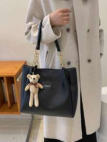 PU Chain Tote Bag With Pendant, Large Capacity Women's Commuter Backpack - Black - View 4