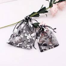 10 piezas Bolsas de malla con cordón de Halloween, bolsas de embalaje de galletas y dulces para fiestas, bolsas de regalo con telaraña de papel de aluminio, bolsitas para joyas