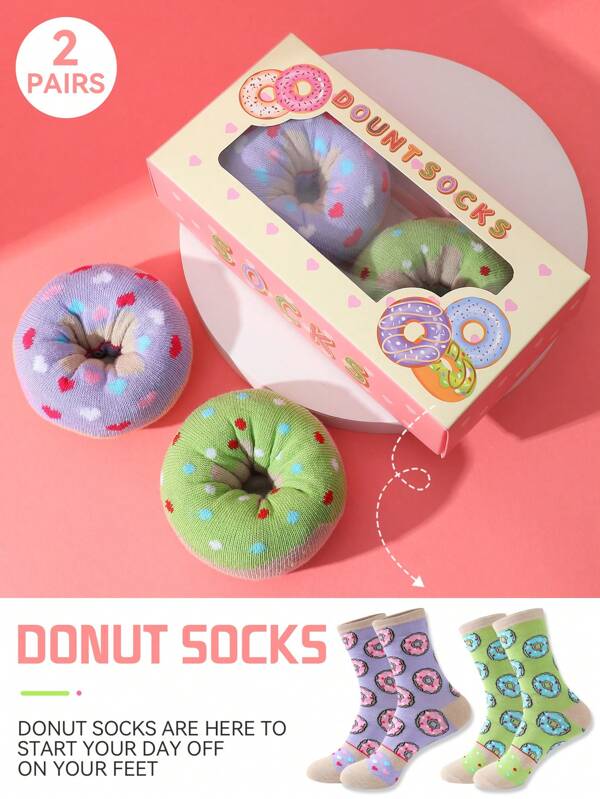 2 pares de calcetines con diseño de donut, calcetines unisex de media pantorrilla con patrón de rayas de colores, diseño inspirado en comida, elegante y cómodo, adecuado para regalos de cumpleaños, Acción de Gracias, Halloween, Navidad, fiestas, ocasiones casuales/formales, todas las estaciones