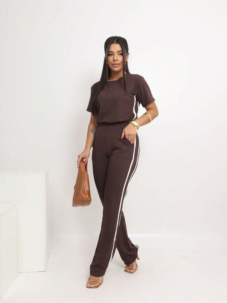 Premium Sweatsuit Casual Set, Casual Wide-Leg Pants, Side Stripe Pocket - Rỉ Nâu - Xem 1