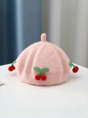 1pc Cute Cherry Baby Hat, Knitted Beret Cap For Baby Girls