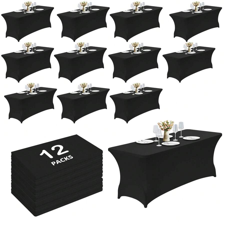 4/12pc Spandex Black Tablecloth, 6ft/8ft, Stretch Tablecloth, Fitted Tablecloth, Wrinkle Resistant Stretchable Rectangle Table Cover For Event, Wedding & Parties - 黑色 - 查看 1