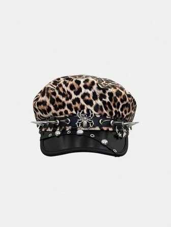 1pc Women Punk Leopard Print Spider Rivet Leather Beret Hat, Suitable For Daily Commute Or Party Halloween