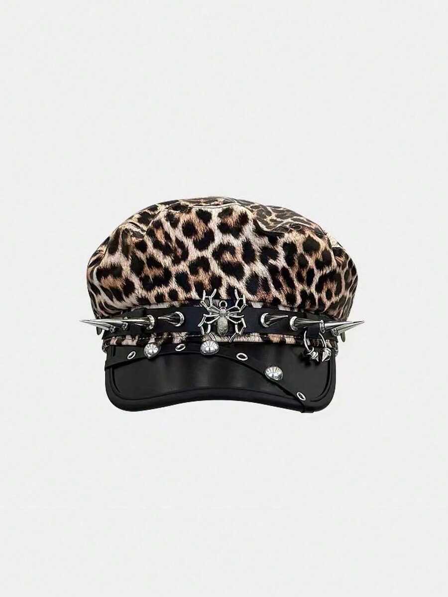 1pc Women Punk Leopard Print Spider Rivet Leather Beret Hat, Suitable For Daily Commute Or Party Halloween