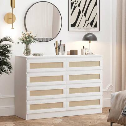 Dragonpad 8 Drawer Rattan Dresser For Bedroom Wood Boho Dressers With Natural Real Rattan Drawer, Modern Chest Of Drawers Beside Table For Bedroom, Living Room,Double Wood Dressers & Chest Of Drawers For Nightstands, TV Stands, Living Room, Entryway, Hallway, Cloakroom
