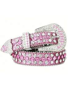 1pc  Blingbling    Party    PU Leather    Grommet Eyelet    Women's Women's SK2 Belt With Diamonds Belt With Diamonds  Western Studded Belt - 粉色 - 查看 9