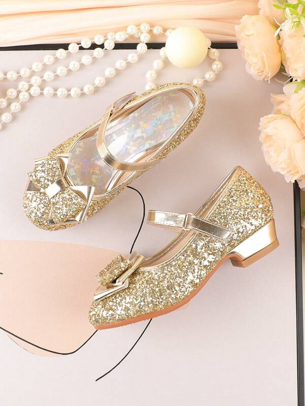 Mädchen Mode Gold Plateau Absatz Kleiderschuhe, geeignet für Abendkleider, Aufführungen, Ballette, Hochzeiten, Partys, süße & niedliche Schleifendekorationen, passend für Kleinkinder, kleine und große Mädchen