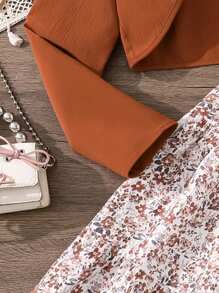 Left Mama 女童长袖上衣和碎花吊带连衣裙，春秋季 - 棕色 - 查看 4