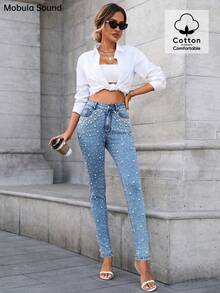 女士装饰仿珍珠弹力紧身牛仔裤，时尚浪漫优雅修身裤，适合音乐节、春夏休闲穿着 - 藍色 - 查看 5