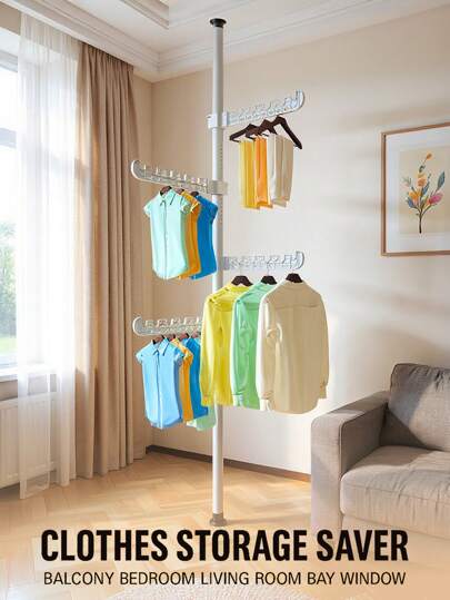 Un appendiabiti da terra, uno scaffale portaoggetti, un appendiabiti, un'asta telescopica senza forature, uno stendibiancheria da terra per camera da letto con balcone