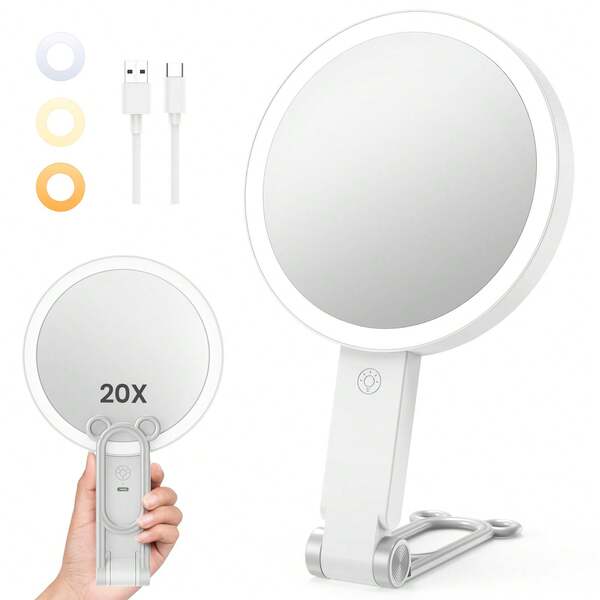 M MISS DREAM Makeup Travel Mirror With Light, 20X/1X Double-Sided Magnifying Mirror, Rechargeable Portable Vanity Mirror, Brightness Adjustable, 3-Color Lighting, Tabletop, Handheld & Hanging Options