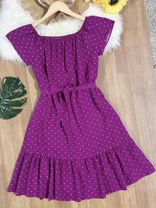 Floral Polka Dots With Belt Ruffle Hem Beach Women's Fashion - 中紫紅色 - 查看 3