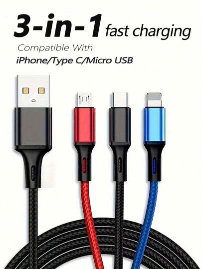 BinBoom Multi Charging Cable, Multi USB Charger Cable 3 In 1 Charging Cable Universal USB Charging Cord With Type-C, Micro USB, IP Port For Most Cell Phones & Pads Compatible With IPhone, Android, Camera, MP3 Universal Adapter Polyamide