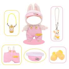 Latzhose, Hutset mit Wasserflasche Anhänger, Hund Anhänger, Schuhe (ohne Plüschpuppe, nur Kleidung und Accessoires)