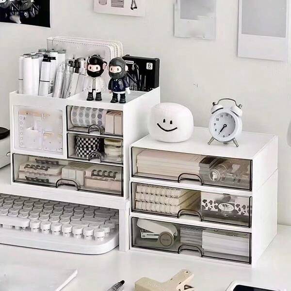 1pc Desktop Drawer Organizer Box, Transparent Stackable Storage Rack For Office Desk, Planner Accessories