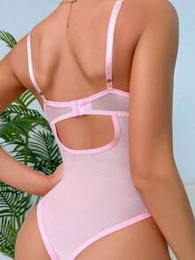 Women's Corset Lingerie Bodysuit Sleeveless V Neck Solid Color Mesh Lace Bodysuit Sleepwear - 粉色 - 查看 4