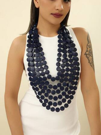 1件多层夸张串珠木质不对称吊坠项链，复古波西米亚风，适合派对/度假（有轻微瑕疵）