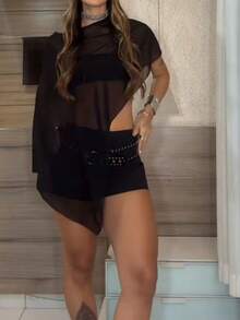 Women's Tops, Solid Color Loose Irregular Short Front And Long Back Thin Tops, Autumn Cover-Up Tops - màu đen - Xem 5