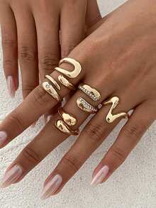 5pcs Exaggerated Crown, Hip Hop, Knuckle, Vintage Metal Water Drop, Geometric Fashion Rings, Suitable For Parties, Gifts, Daily Wear - Gold - View 2