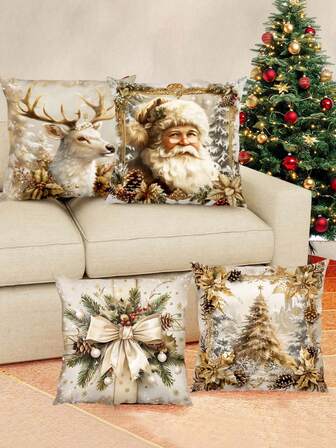 4 fundas de almohada con tema navideño, tema dorado vintage, Papá Noel, reno, árbol de Navidad, "Feliz Navidad" 45x45cm, adecuado para decoración navideña del hogar, decoración de sala de estar. (No se incluyen los insertos de almohada)
