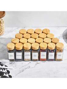 1件/12件/24件方形香料储存罐，胡椒粉瓶，竹制和玻璃制120毫升调味容器