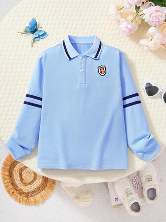 Pojkpikétröja, brittisk stil, avslappnad långärmad t-shirt, lös passform, barn vår höst nya produkter