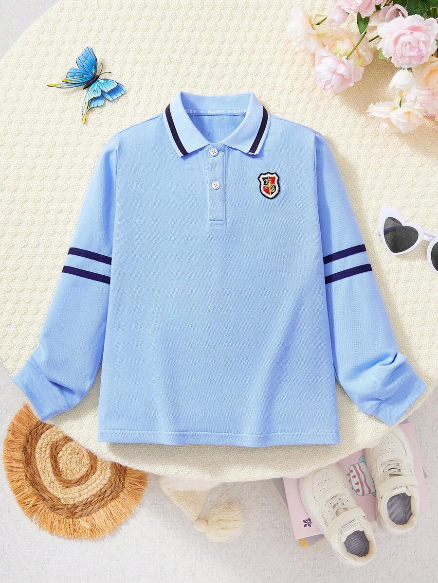 男童Polo衫，英伦风休闲长袖T恤，宽松版型，儿童春秋季新品 - 淺藍色 - 查看 1