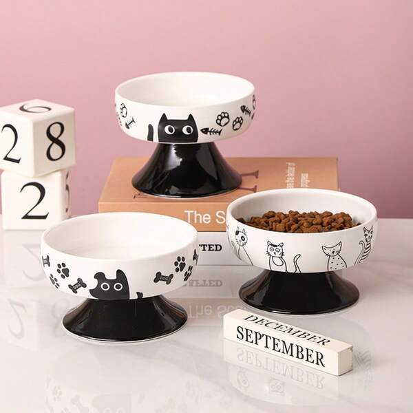 Keramik Schwarze Katzen Schüssel, Katzen Trinknapf, Katzen Fressnapf, Hochbeiniger Futternapf für Haustiere, Hundenäpfe, rutschfest