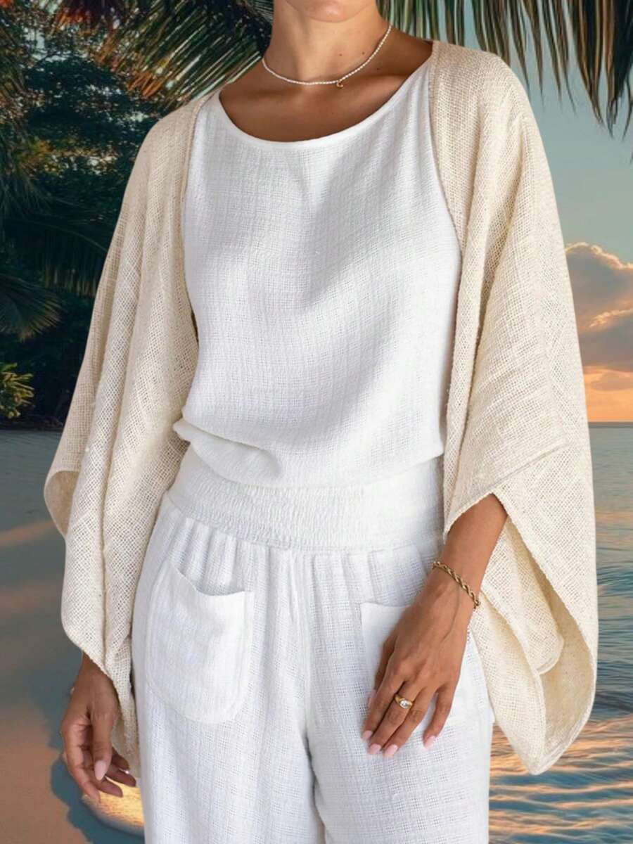 Boho Shrug Cardigan For Women Fashionable Solid Color Lightweight Open Front Batwing Cardigan Loose Cover Up Beach Vacation Bohemian Clothes Western Wear - 杏色 - 查看 1
