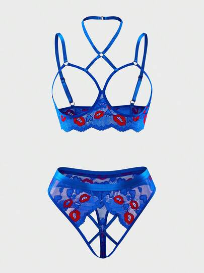 2pcs New Women's Sexy Lingerie Set, Hollow Cross Neck Adjustable Straps Triangle Bra & Front Cross Hollow Triangle Panties, Breathable Sexy Underwear Erotic Lingerie Sets