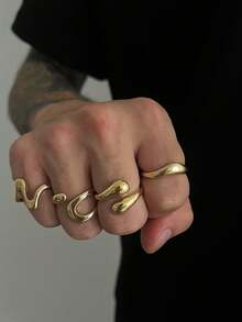 4pcs/Set Casual Minimalist Geometric Liquid Teardrop Metal Ring Set, Fashionable Punk Charm Jewelry For Men - 4-piece Ring Set - View 1