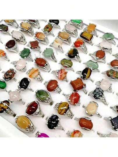 10pcs/Pack Vintage Natural Stone Inlaid Alloy Women's Ring Set, Elegant Luxury Mixed Styles Multi-Piece Rings For Party, Wedding, Daily Wear, Fashion Jewelry Gift, Random Delivery