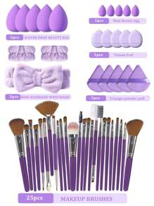 50pcs Makeup Brush Set, Mixed Makeup Beauty Tools, Including: 25pcs Makeup Brushes, 1pc Makeup Bag, 5pcs Beauty Eggs, 5pcs Powder Puffs, 5pcs Mini Beauty Eggs, 5pcs Mini Finger Powder Puffs, 1pc Headband, 2pcs Wristbands