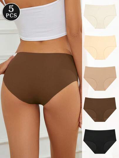 5 Pcs Women's Seamless Ice Silk Triangle Panties, Solid Color Soft Skin-Friendly Bikini, Comfortable Stretchy Briefs, Intimates Underwear & Lingerie Daily Wear