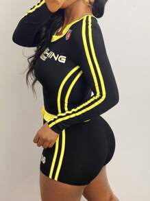 LovelyWholesale 女式字母印花拼色长袖短款上衣和紧身短裤两件套，休闲运动 V 领 T 恤和短裤，适合日常户外穿着，女士春秋装 - 黑色 - 查看 3