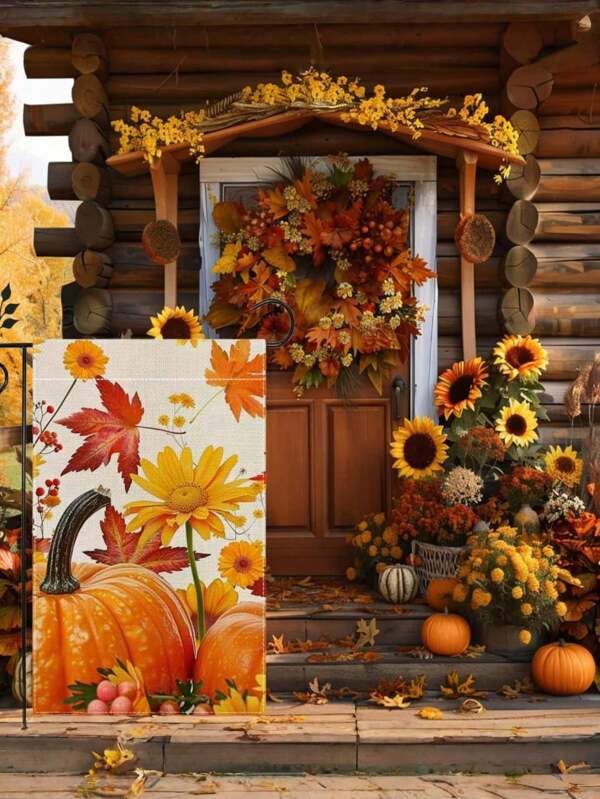 1 Piece/Autumn Pumpkin Garden Outdoor Flag 12x18 Inches Double-Sided Burlap Maple Leaf Sunflower Yard Flag Farmhouse Festival Home Decoration, Autumn Decoration, Autumn Home Decoration [Flag Only]