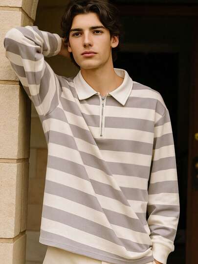 经典灰白条纹休闲时尚 Polo 衫，百搭款式，配有方便的拉链，永恒的条纹外观，运动和户外网球和高尔夫