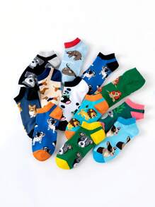 6 Paar Damen süße Hund & Cartoon Tier Muster Knöchelsocken, schöne Farben, leicht, weich, bequem, atmungsaktiv und dehnbar, geeignet für Lässig, Sport und Alltag