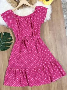 Floral Polka Dots With Belt Ruffle Hem Beach Women's Fashion - 玫紅色 - 查看 2