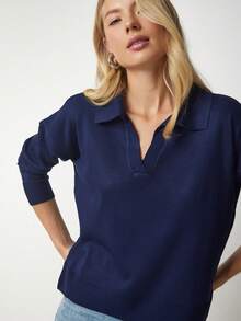 Suéter casual versátil feminino de cor sólida - Azul marinho - Ver 3