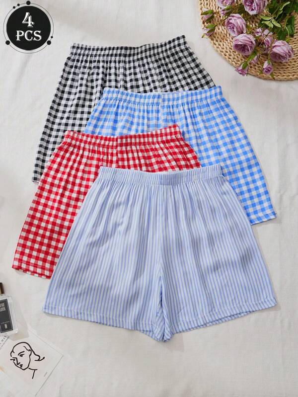 Calças femininas Aro de algodão, 4 peças, moda simples e refrescante, macias, casuais, confortáveis e fofas, disponíveis nas séries xadrez e listrada