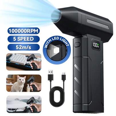 Teckwe Compressed Air Duster 100000RPM Ultra Powerful Electric Air Blower With 6-Gear Adjustable High Speed Brushless Motor Jet Dry Blower Rechargeable Battery Turbo Fan For Cleaning Car Seats/Snow Removal, Computer Case/Keyboard, Sofa/Window Gaps Dust Blowing, Suitable For Outdoor/Home Use