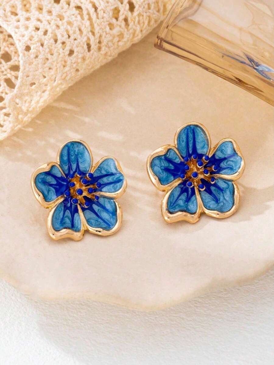 1pc Vintage French Elegant Floral Stud Earrings, Minimalist Luxury Ethereal Ear Jewelry - F - View 1