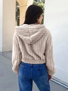 EMERY ROSE معطف فلانيل مزود بغطاء للرأس وأكتاف منسدلة مع سحاب - لون مشمشي - مشاهدة 6