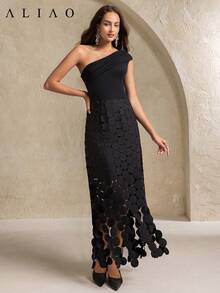 Aliao Minimalist Laser Cut Hollow Out Tassel, Slim-Fit Slash Shoulder Sleeve Drapey Dress, Polka Dot, Black Dress, Business Casual Woman, Elelgant Women Dress, Concert Outfit Women, Wedding Guest Dress Women, Wedding Guests, Court Style