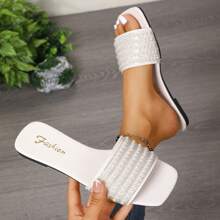 1 Pair Women's Pearlized Rhinestone Slip-On Square Toe Flat Beach/Casual Sandals, Beige, Versatile And Elegant